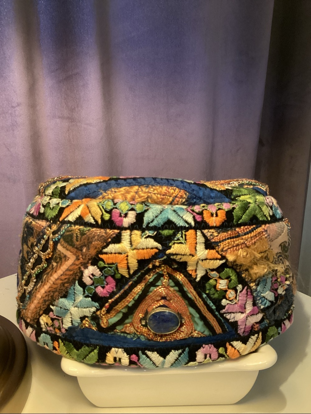 Fez. Embroidered Multicolor Women's Pillbox Hat with Gem Accent